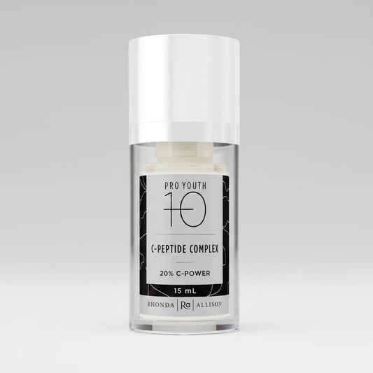 Skincare serum bottle labeled 'Pro Youth 10 C-Peptide Complex' with 'Rhonda Allison' branding on a white background.
