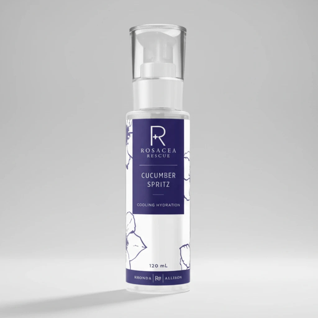 Cucumber spritz bottle with purple label featuring a brand Rhonda Allison on a light grey background