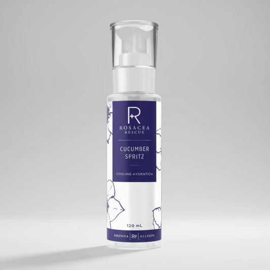 Cucumber spritz bottle with purple label featuring a brand Rhonda Allison on a light grey background