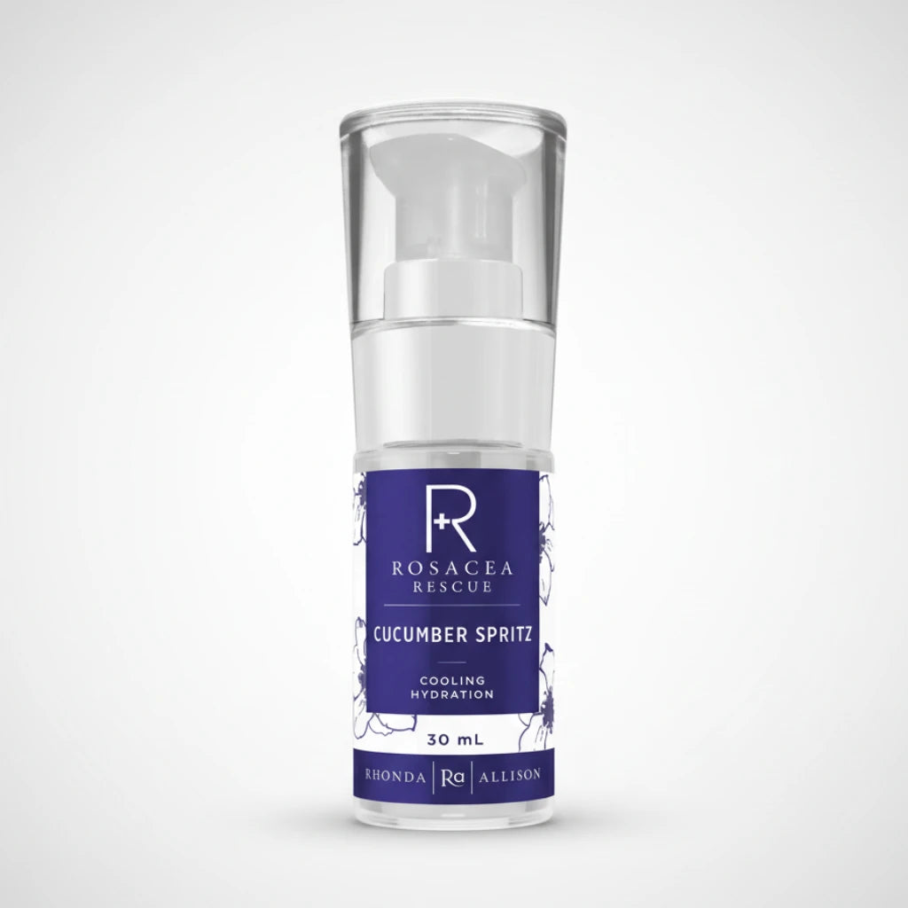 Rhonda Allison Rosacea Rescue Cucumber Spritz bottle on a light grey background
