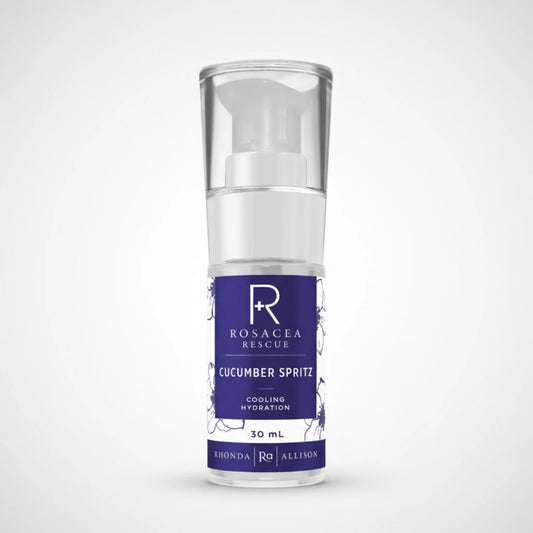 Rhonda Allison Rosacea Rescue Cucumber Spritz bottle on a light grey background