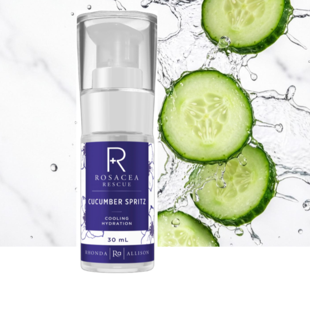 Skincare bottle labeled 'Rosacea Rescue' with cucumber slices and water droplets on a white background