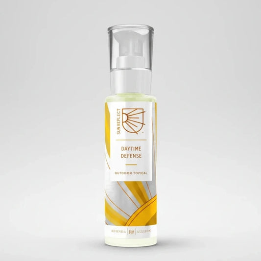 Sunscreen bottle labeled 'Daytime Defense' with a yellow and white design.