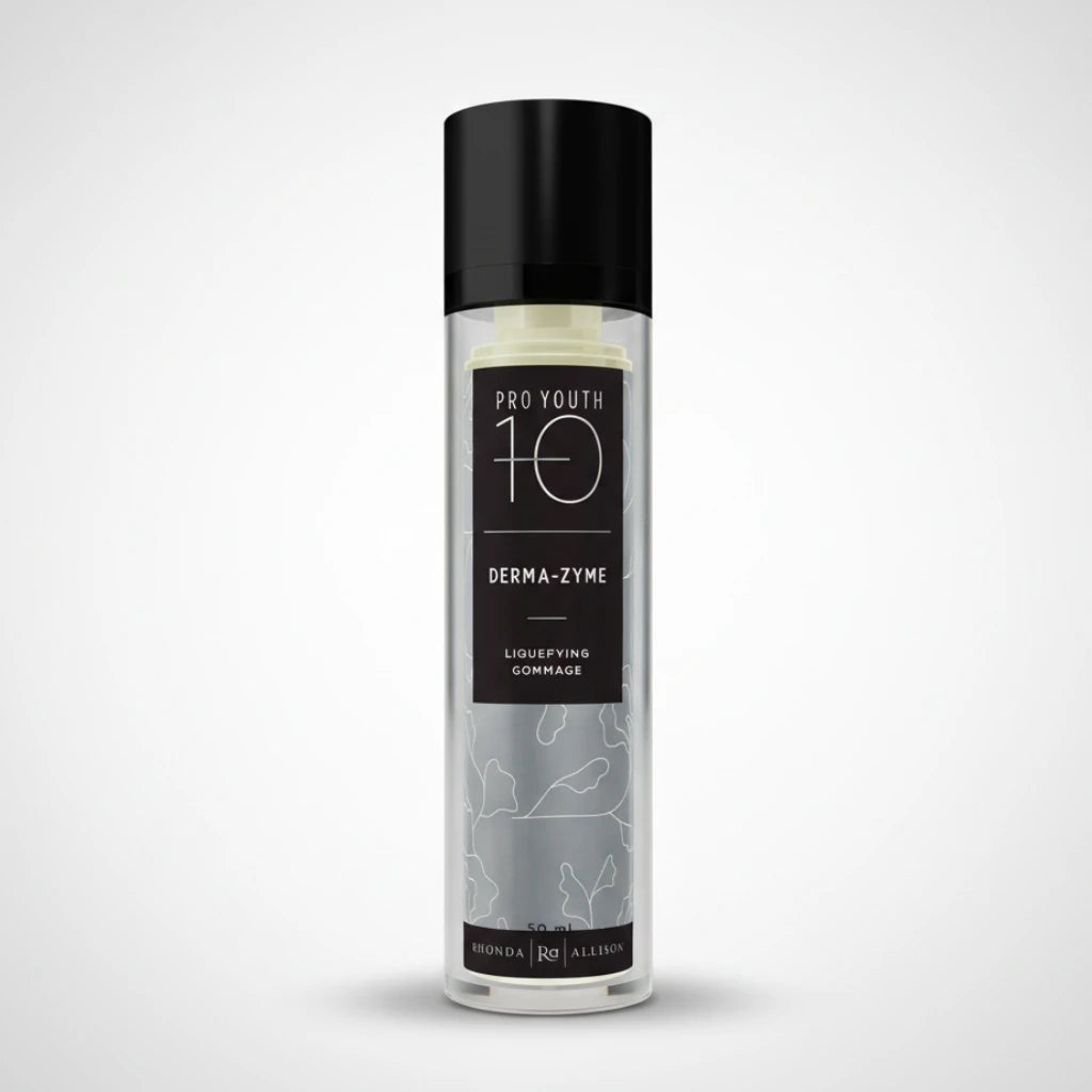 Bottle of Rhonda Allison Pro Youth 10 Derma-Zyme on a light grey background