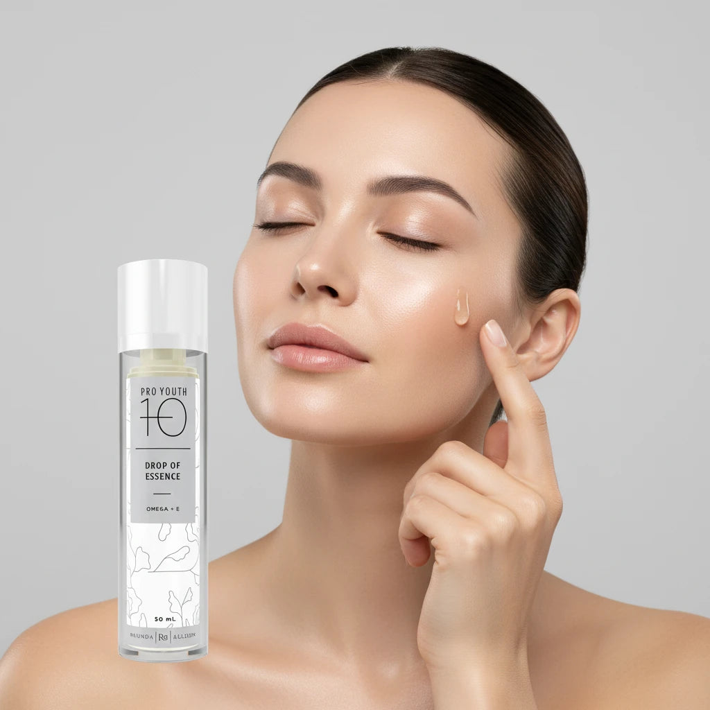 Rhonda Allison Skincare bottle labeled 'Pro Youth 10' with dropper on a light grey background with woman apply serum
