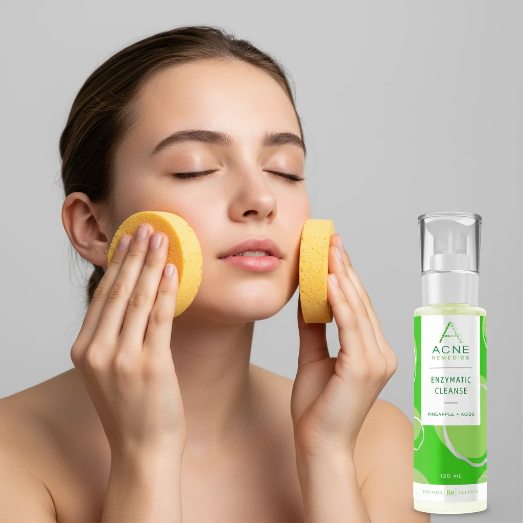 Rhonda Allison Acne Remedies Enzymatic Cleanse bottle with green label on light grey background with teen washing face