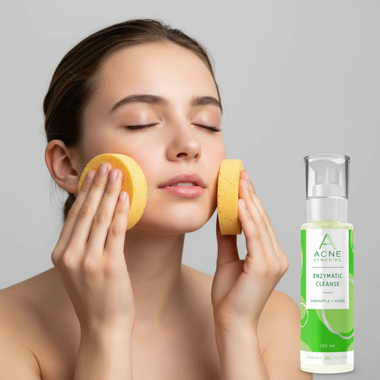 Rhonda Allison Acne Remedies Enzymatic Cleanse bottle with green label on light grey background with teen washing face