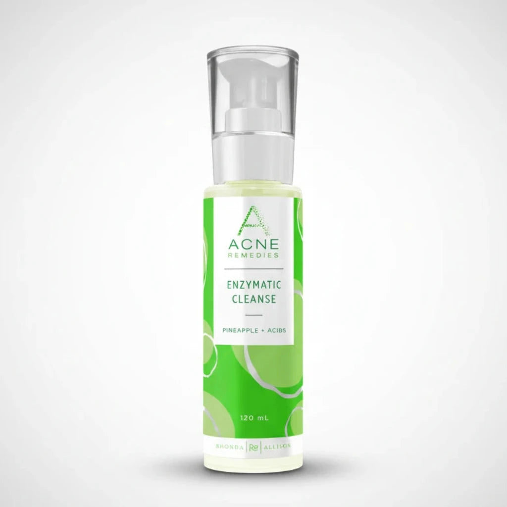 Rhonda Allison Acne Remedies Enzymatic Cleanse bottle with green label on light grey background