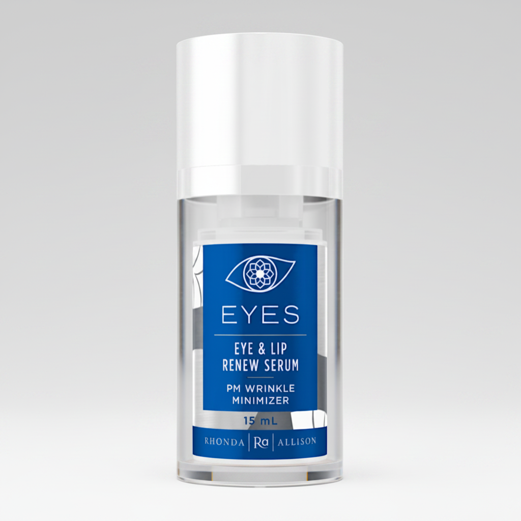 Rhonda Allison Eye and lip serum bottle with blue label on a light grey background