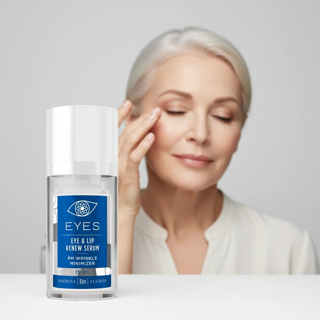 Rhonda Allison Eye and lip serum bottle with blue label on a light grey background with woman
