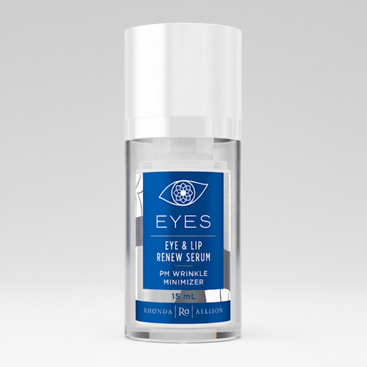 Rhonda Allison Eye and lip serum bottle with blue label on a light grey background