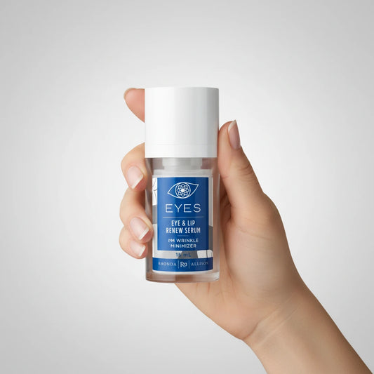 Eye and lip serum bottle with blue label on a white background