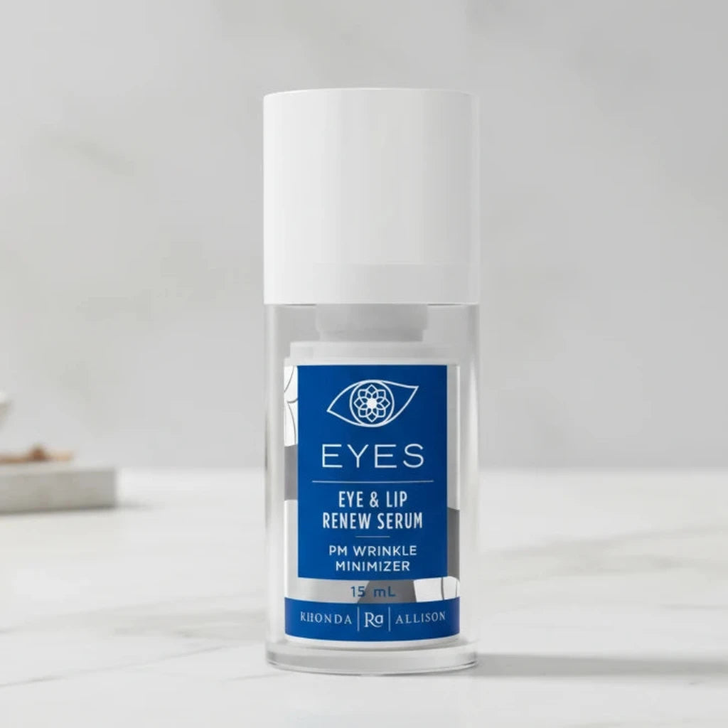 Rhonda Allison Eye and lip serum bottle with blue label on light grey background
