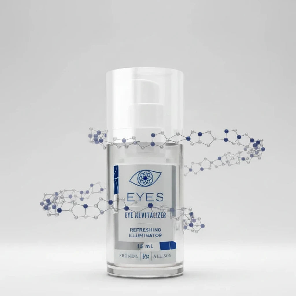 Rhonda Allison Eye revitalizer bottle with 'EYES' label on a light grey background and peptide chain graphic