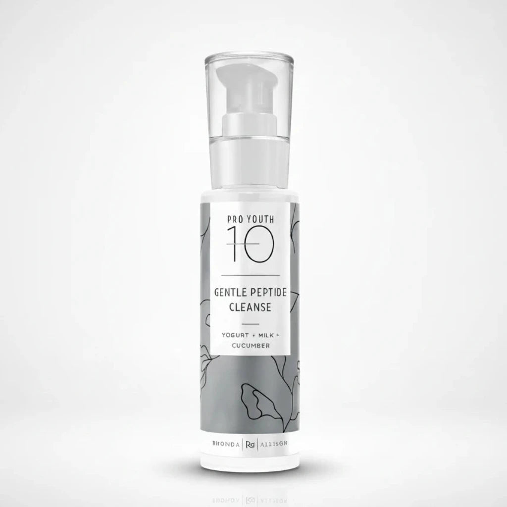 Rhonda Allison Gentle Peptide Cleanse bottle labeled 'Pro Youth 10' with botanical design on a light grey background