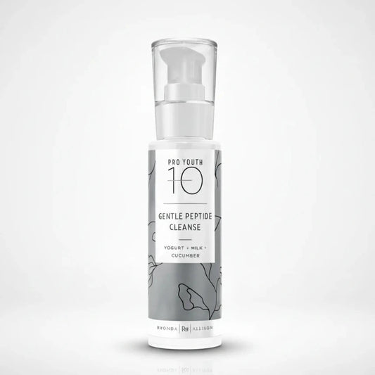 Rhonda Allison Gentle Peptide Cleanse bottle labeled 'Pro Youth 10' with botanical design on a light grey background