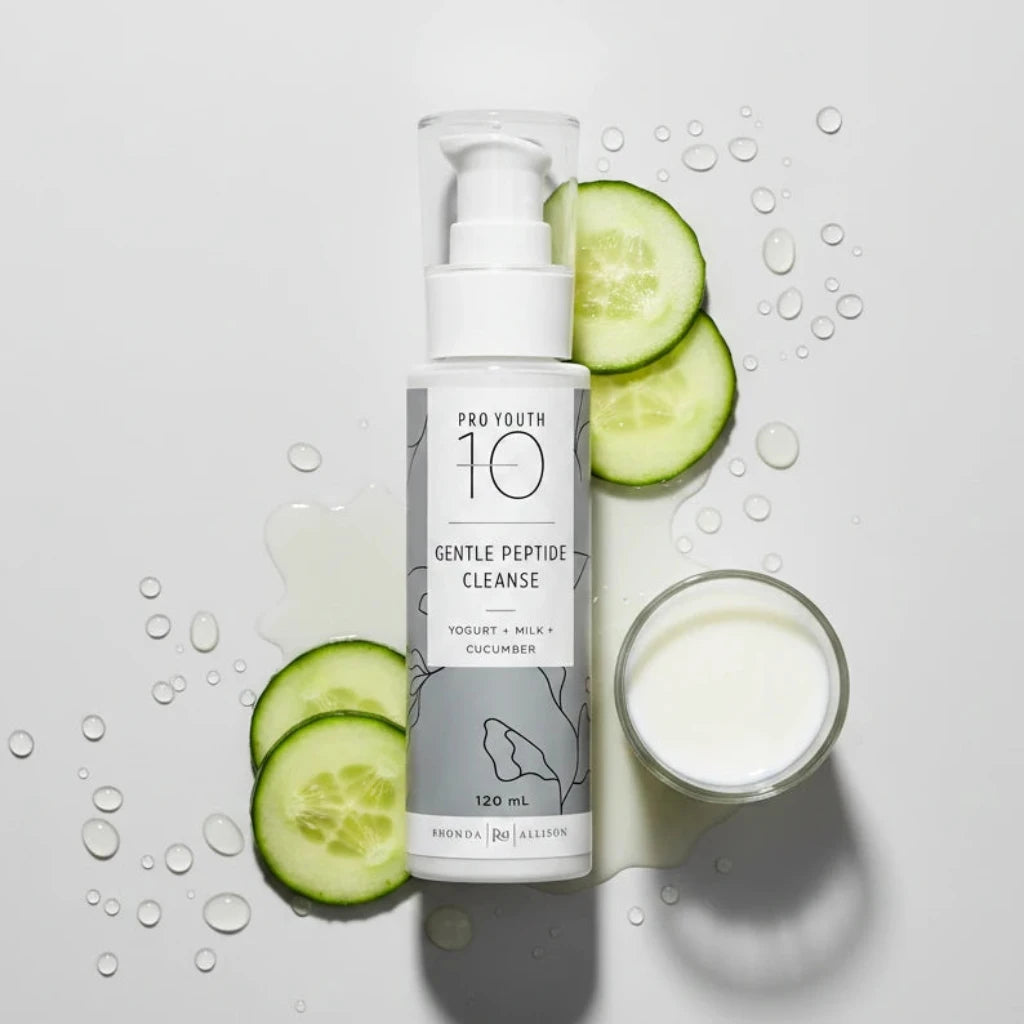 Rhonda Allison Skincare bottle labeled Gentle Peptide Cleanse'Pro Youth 10' with text on a light grey background