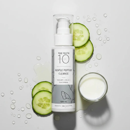 Rhonda Allison Skincare bottle labeled Gentle Peptide Cleanse'Pro Youth 10' with text on a light grey background