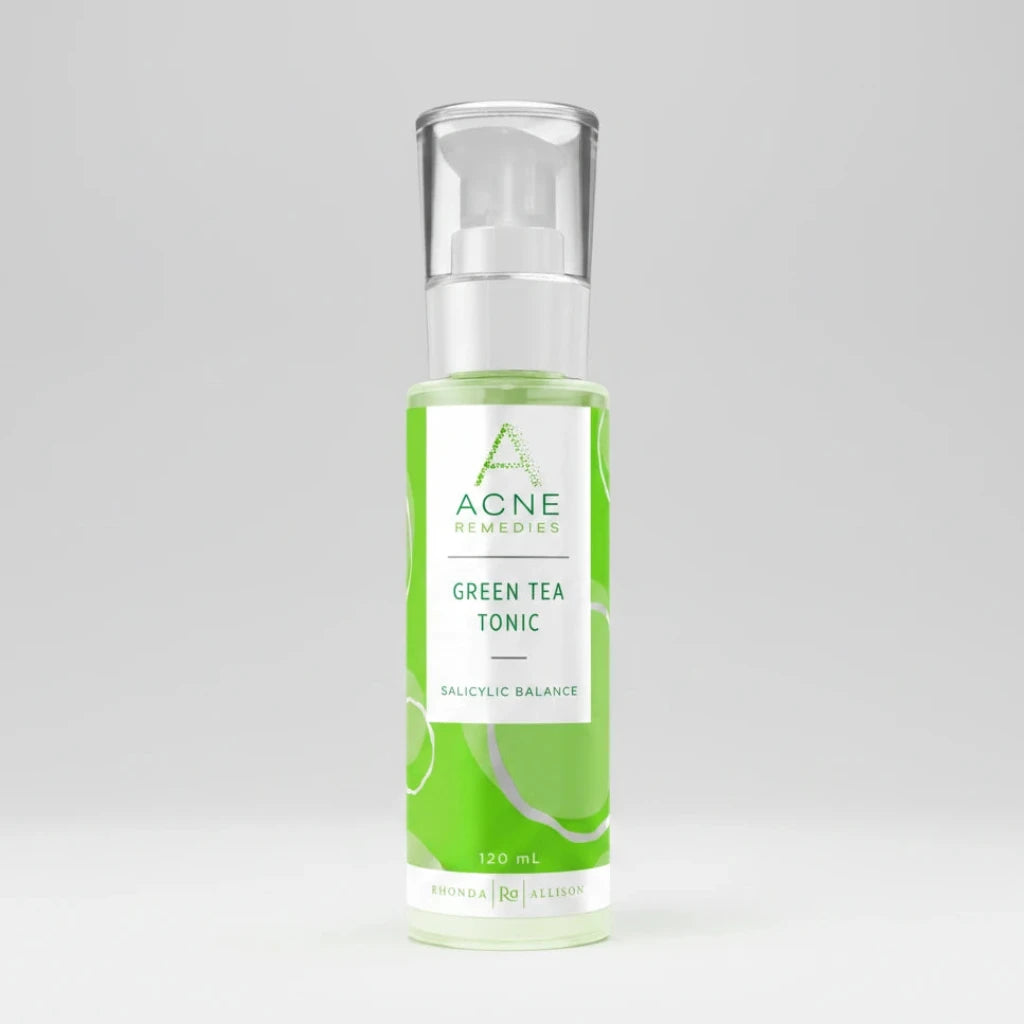 Rhonda Allison Green Tea Tonic bottle with branding on a light grey background