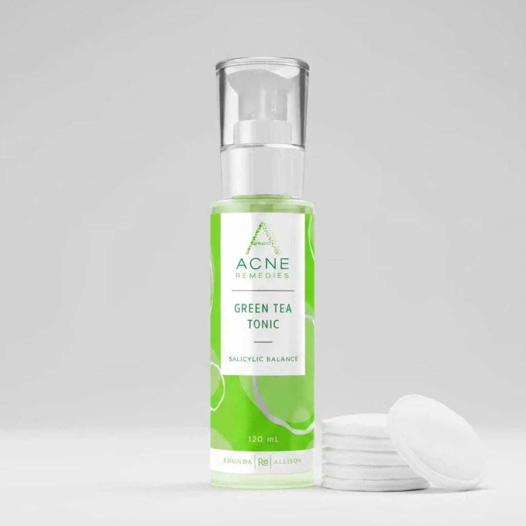 Rhonda Allison Green Tea Tonic bottle with branding on a light grey background