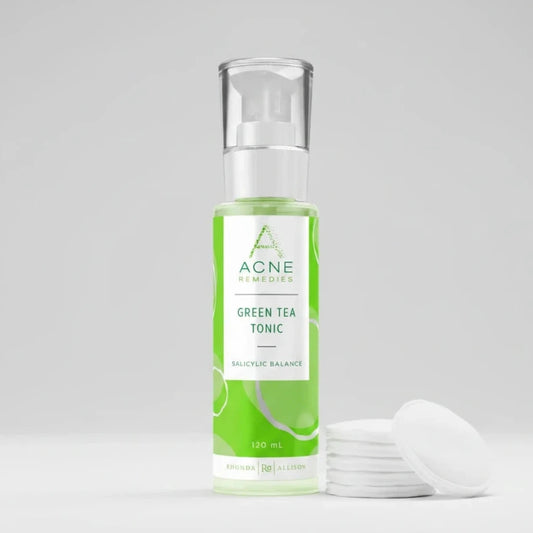 Rhonda Allison Green Tea Tonic bottle with branding on a light grey background