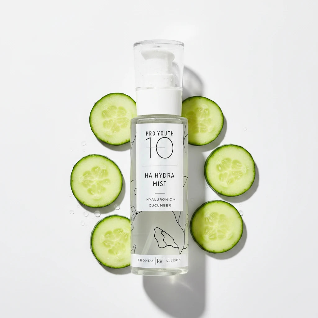 Pro Youth HA Hydra Mist bottle with hyaluronic acid and cucumber on a white background