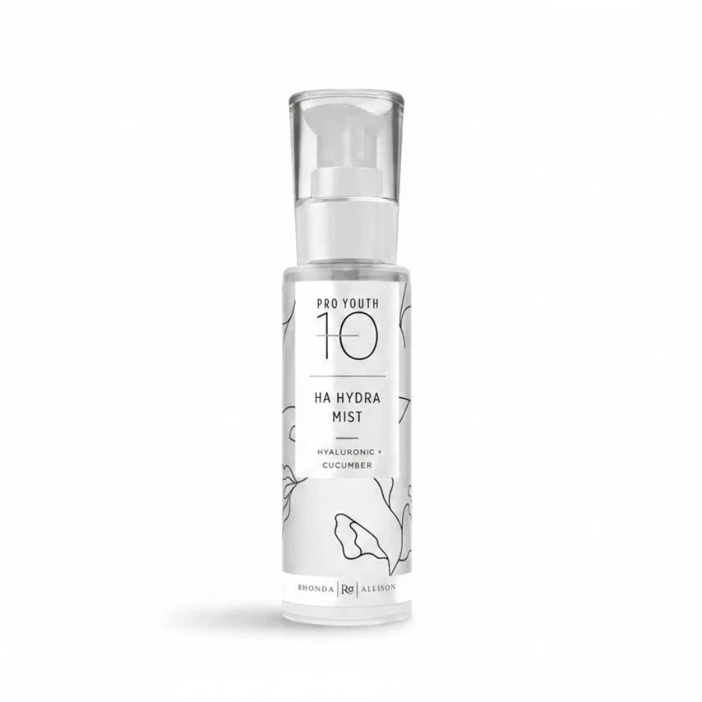 Pro Youth 10 Ha Hydra Mist in a clear cylindrical pump bottle with a white label and black text, set against a plain white background.