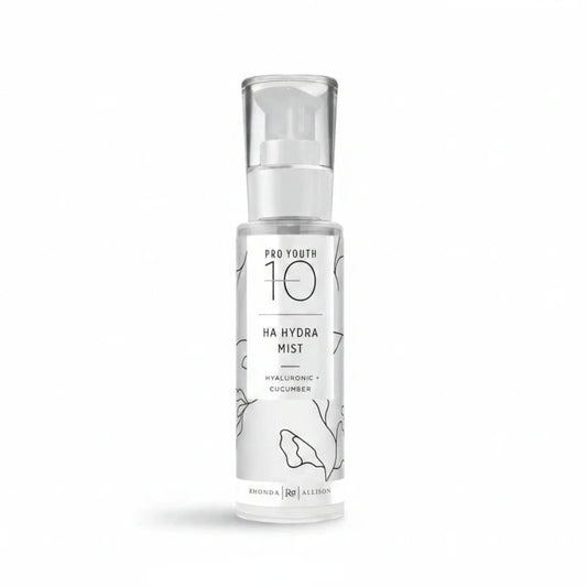Pro Youth 10 Ha Hydra Mist in a clear cylindrical pump bottle with a white label and black text, set against a plain white background.