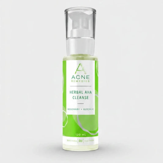 Rhonda Allison Acne Remedies Herbal AHA Cleanse bottle on a light grey background