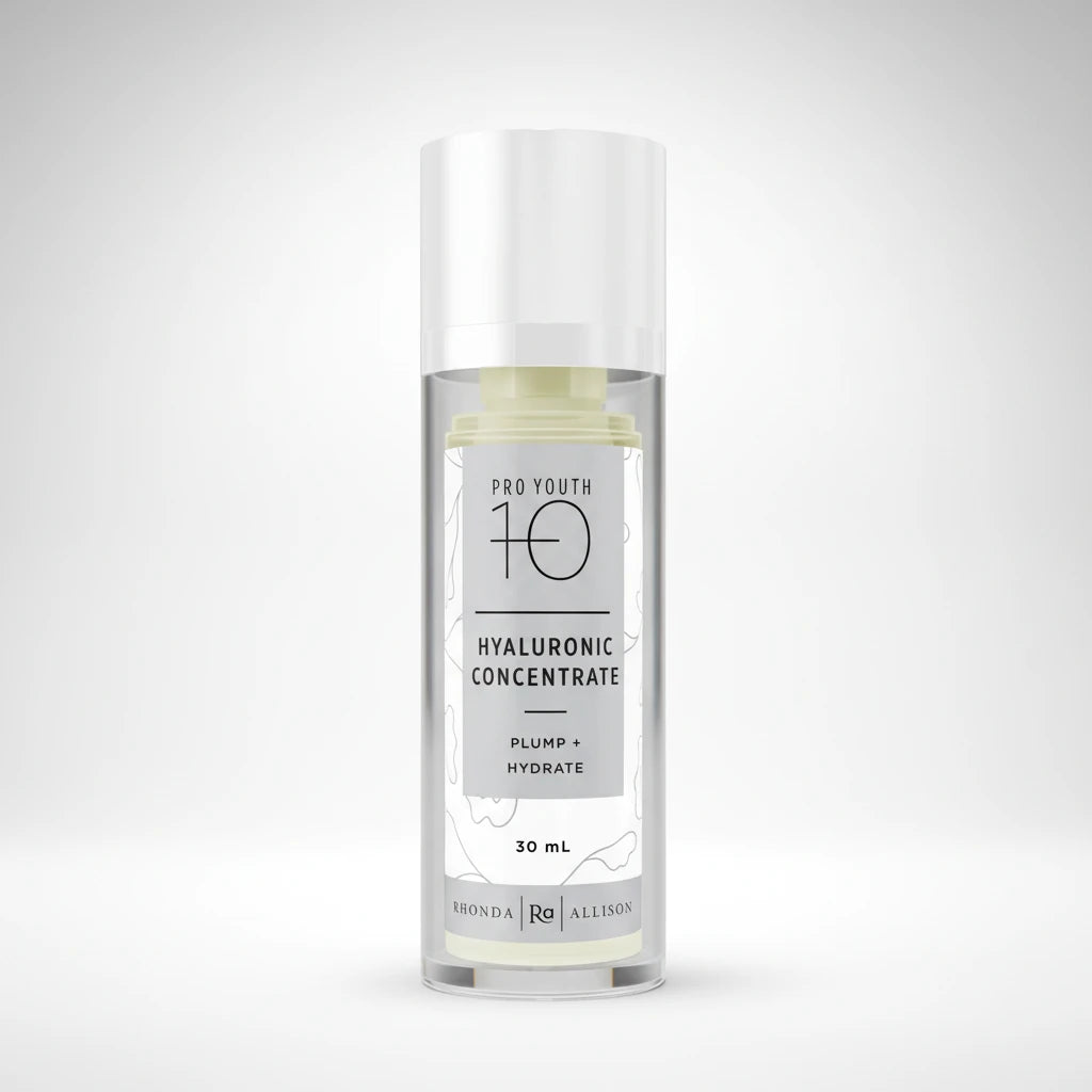 Rhonda Allison Skincare bottle labeled 'Pro Youth 10 Hyaluronic Concentrate' on a white background