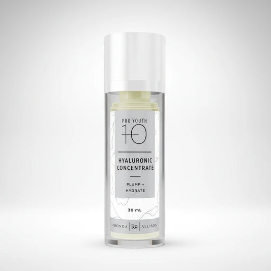 Rhonda Allison Skincare bottle labeled 'Pro Youth 10 Hyaluronic Concentrate' on a white background