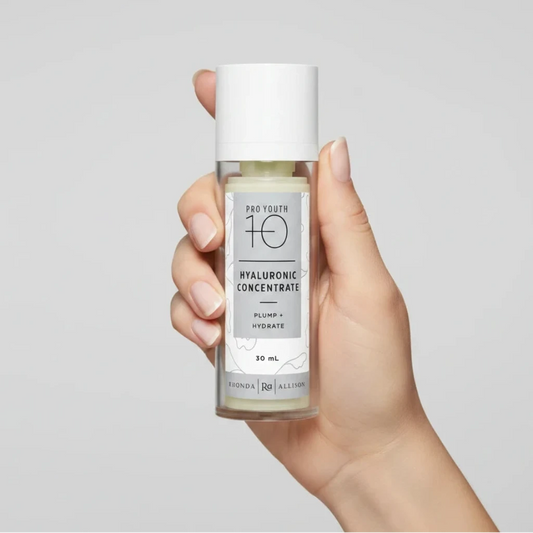 Hand holding a bottle of Pro Youth Hyaluronic Concentrate against a gray background