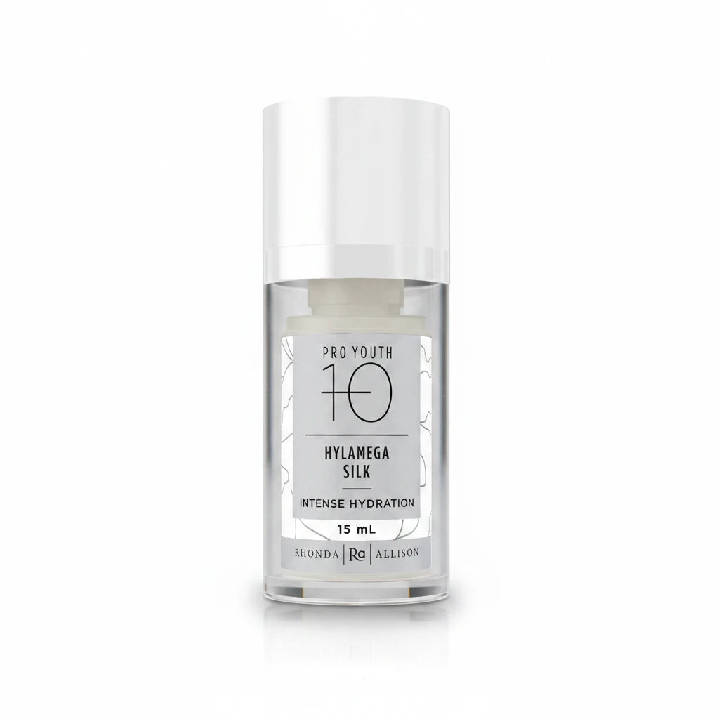 Rhonda Allison Skincare serum bottle labeled 'Hylamega Silk' with 'Pro Youth 10' on a white background