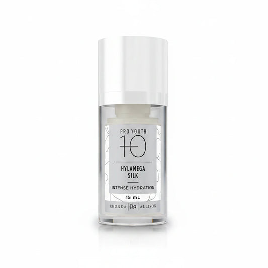 Rhonda Allison Skincare serum bottle labeled 'Hylamega Silk' with 'Pro Youth 10' on a white background