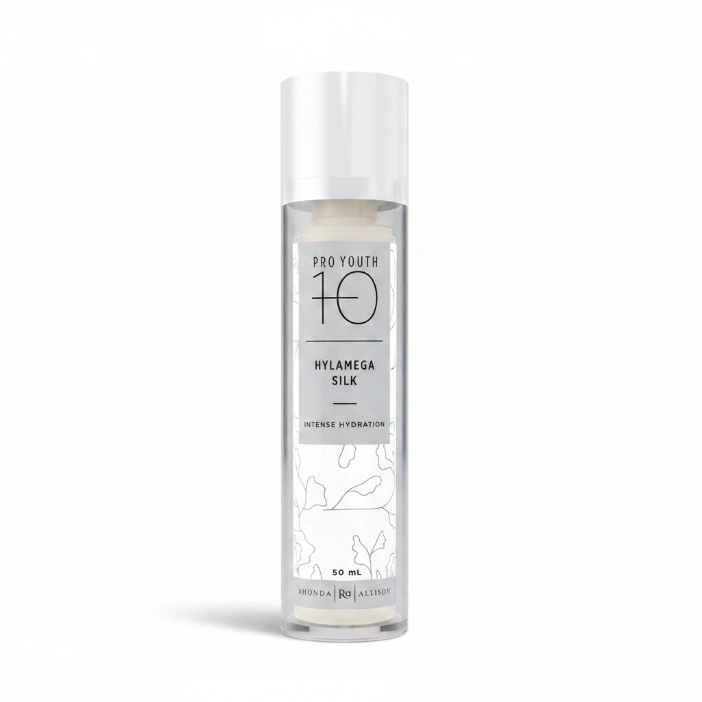 Rhonda Allison Skincare bottle labeled 'Pro Youth 10 Hylamega Silk' on a white background