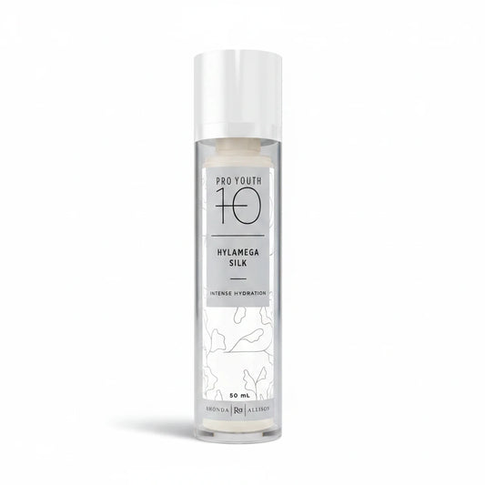 Rhonda Allison Skincare bottle labeled 'Pro Youth 10 Hylamega Silk' on a white background