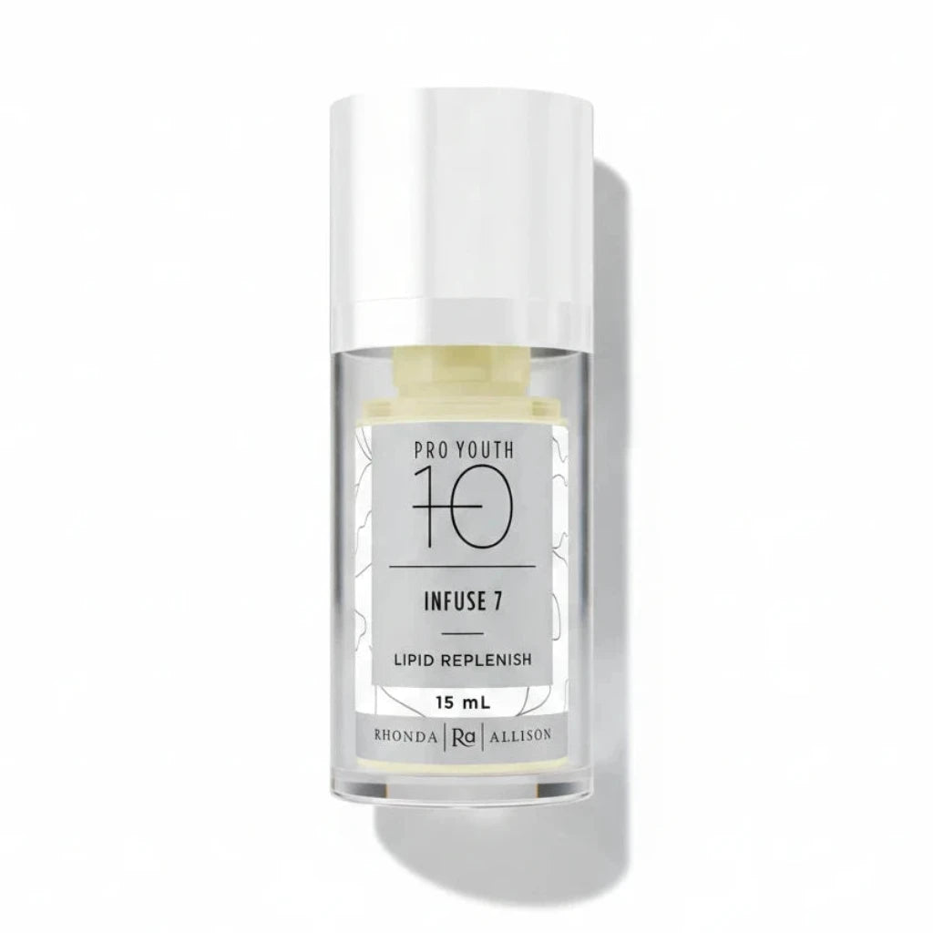 Rhonda Allison Skincare serum bottle labeled 'Pro Youth 10 Infuse 7' on a white background