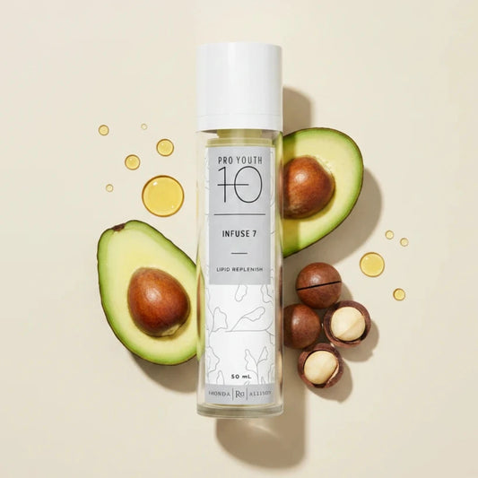Rhonda Allison Skincare bottle labeled 'Pro Youth 10 Infuse 7' on a light beige background
