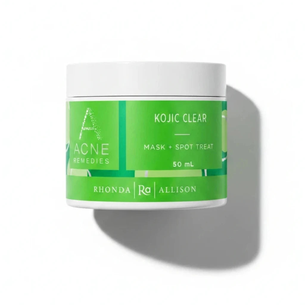 Green jar of Rhonda Allison Acne Remedies Kojic Clear Mask + Spot Treat on a white background