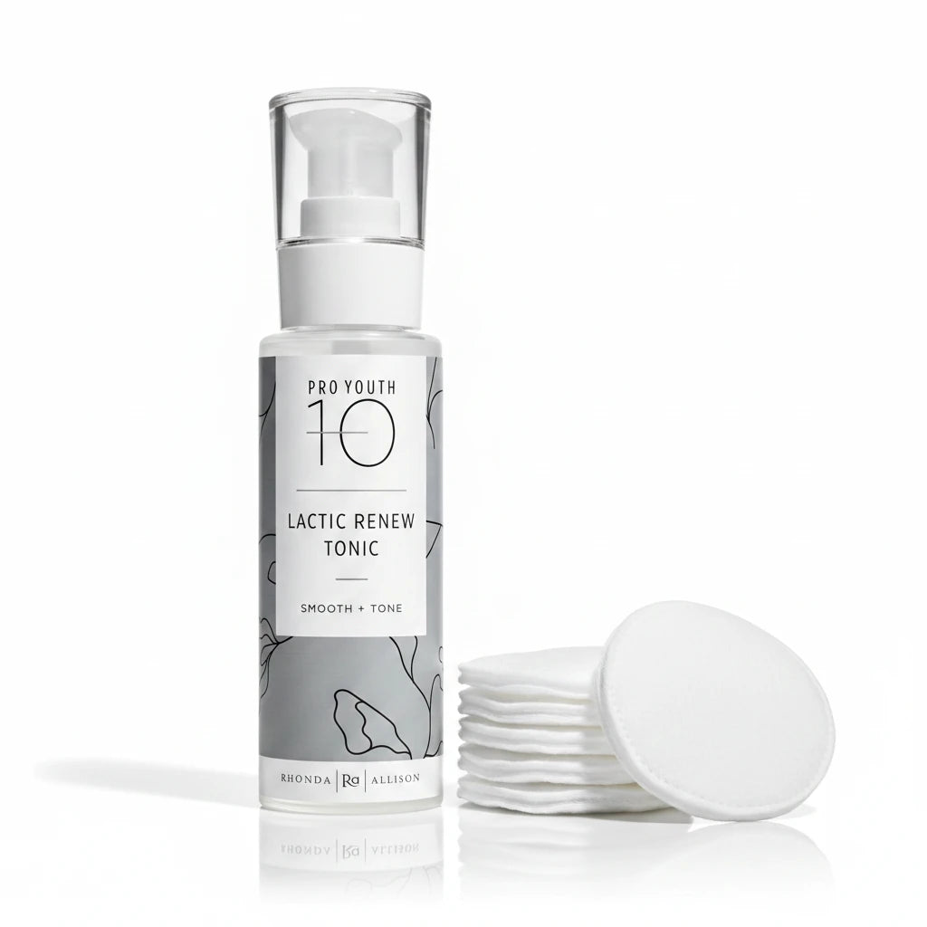 Lactic Renew Tonic bottle with branding on a white background with round cotton pads