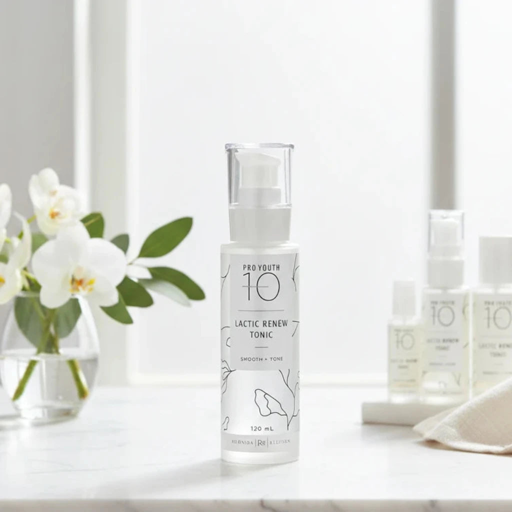 Rhonda Allison Lactic Renew Tonic bottle with branding on a counter
