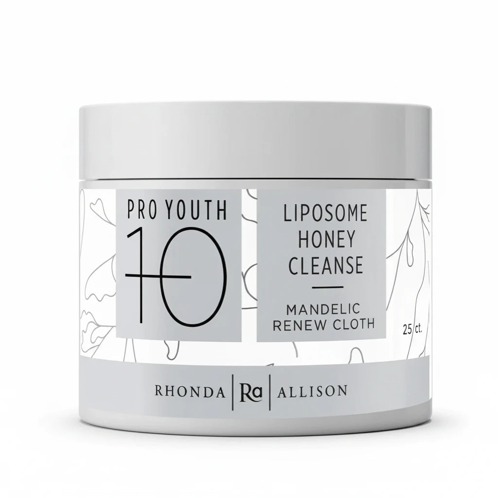 liposome honey cleanse cloth container labeled 'Pro Youth 10' by Rhonda Allison on a white background