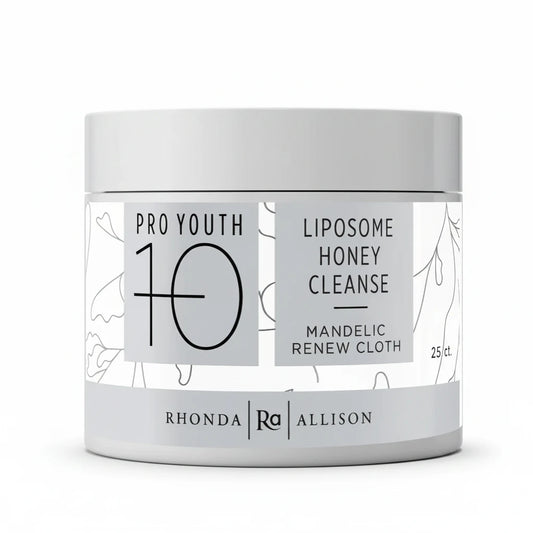 liposome honey cleanse cloth container labeled 'Pro Youth 10' by Rhonda Allison on a white background