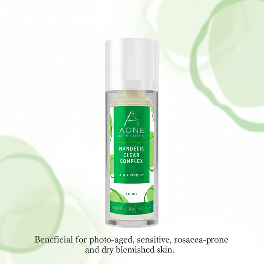 Acne Remedies Mandelic Clear Complex bottle on a white background with text