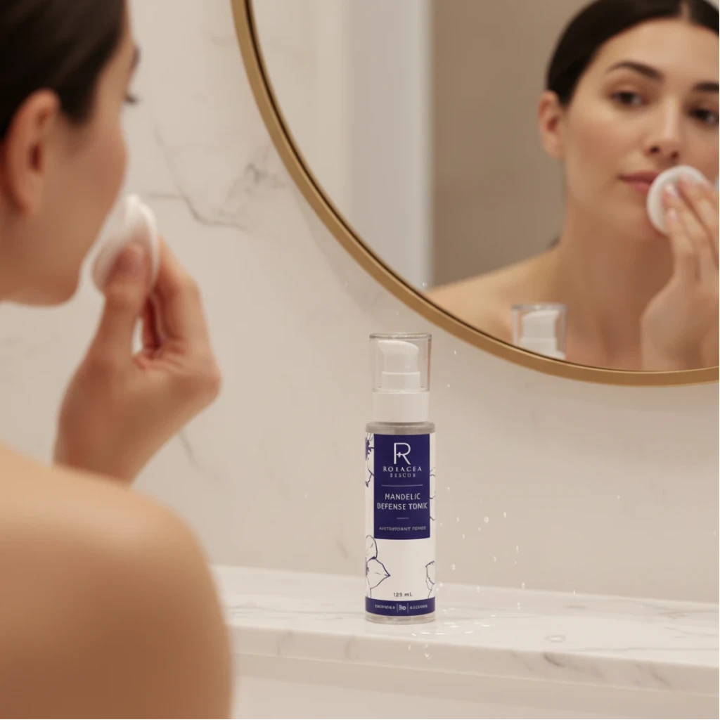 Rhonda Allison Rosacea Rescue Mandelic Defense Tonic bottle with purple label with woman
