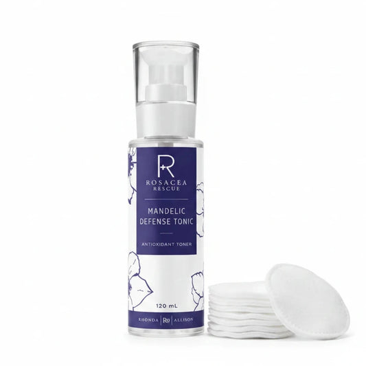 Rhonda Allison Rosacea Rescue Mandelic Defense Tonic bottle with purple label on white background