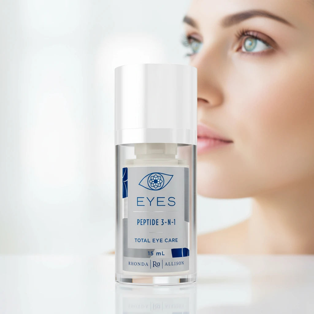 Eye serum bottle labeled 'Eyes Peptide 3-N-1 Total Eye Care' by Rhonda Allison with a woman