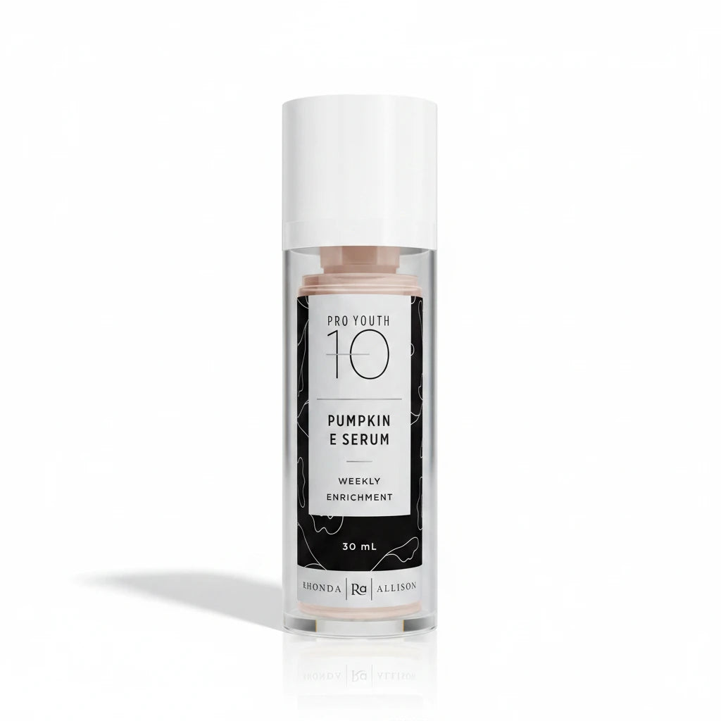 Bottle of Pro Youth 10 Pumpkin E Serum with a white cap on a white background