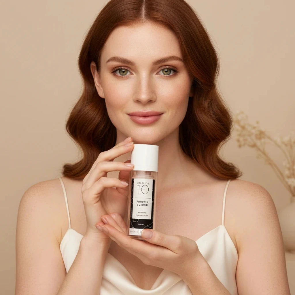 Bottle of Pro Youth 10 Pumpkin E Serum with a white cap with a woman 