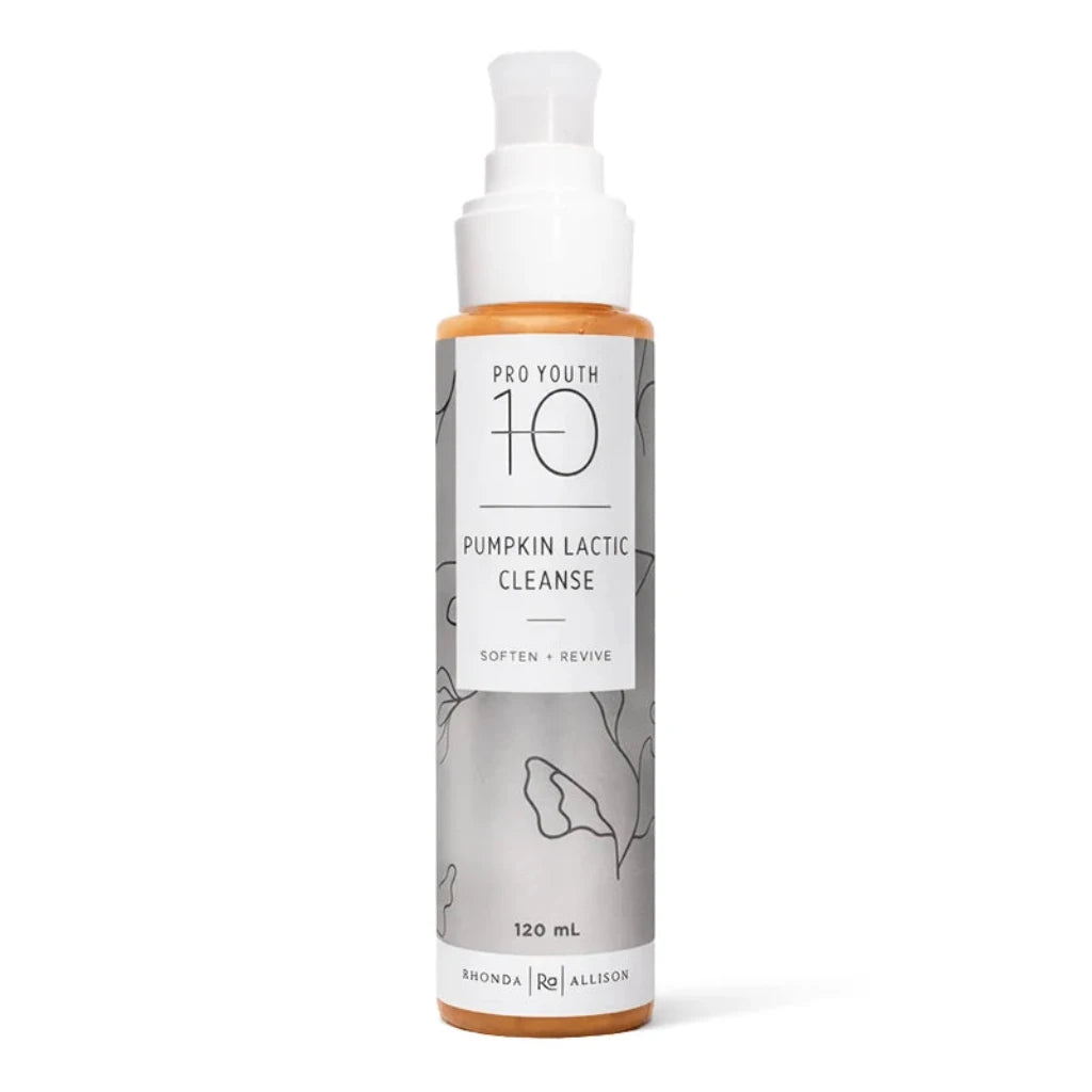 A 120 mL pump bottle of Pro Youth 10 Pumpkin Lactic Cleanse by Allison Aroma, featuring a white label with gray botanical line art and orange liquid visible at the top and bottom, on a white background.